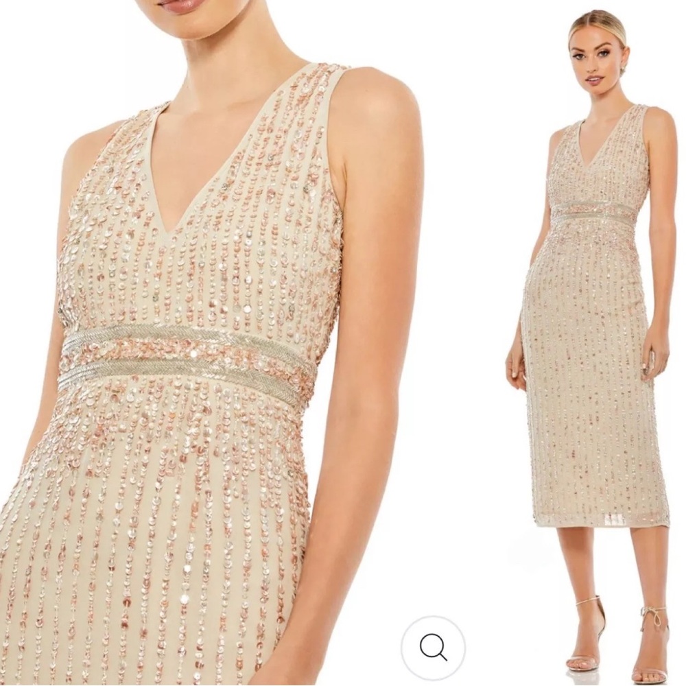 Mac Duggal Sequin Embellished Champagne Gold Midi Dress